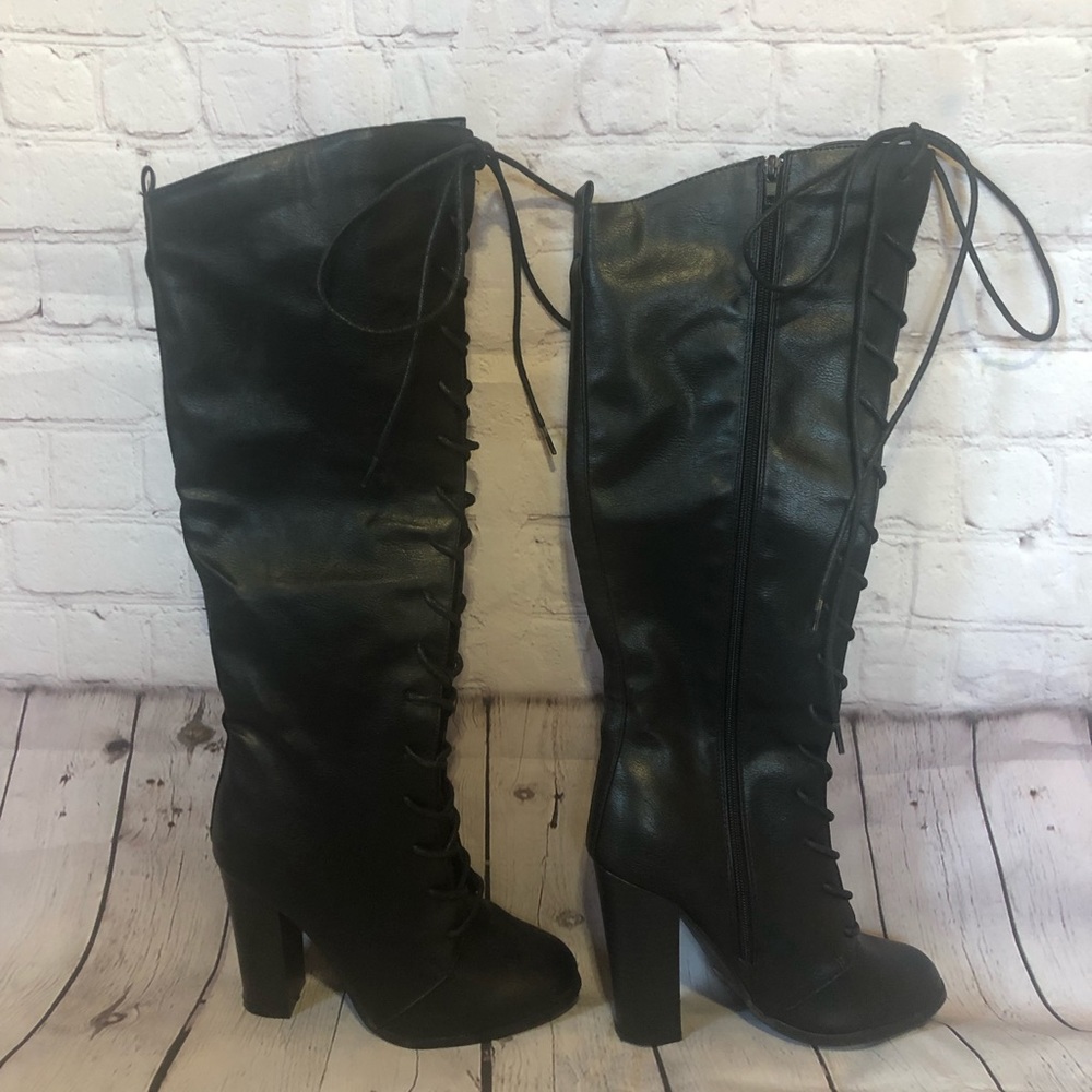 Lace up black faux leather boots